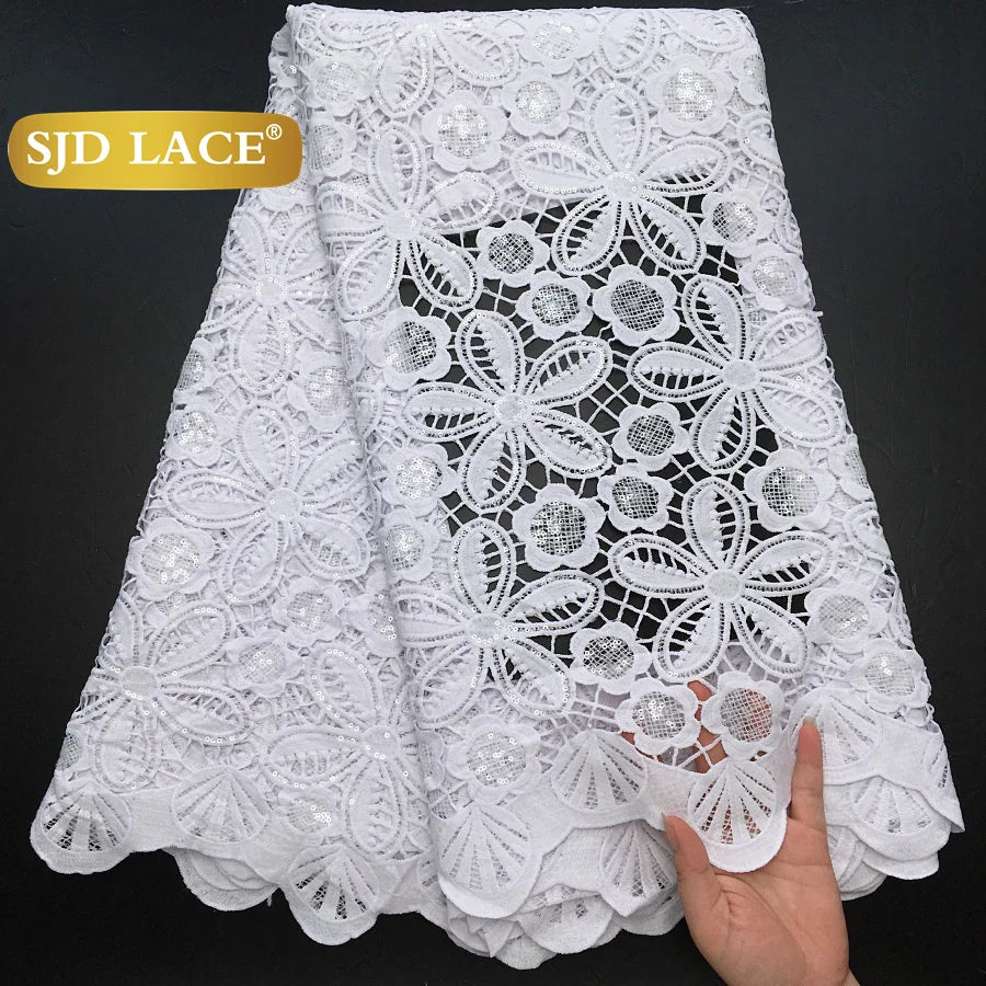 SJD LACE African Sequins Guipure Cord Lace Fabrics 5 Yards White 2025 New Nigerian Water Soluble Lace For Women Dresses Sew 4197