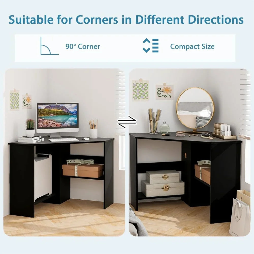 Corner Desk, 90 Degrees Triangle Computer Desk for Small Space, Space Saving Bedroom Corner Makeup Vanity Desk with Storage