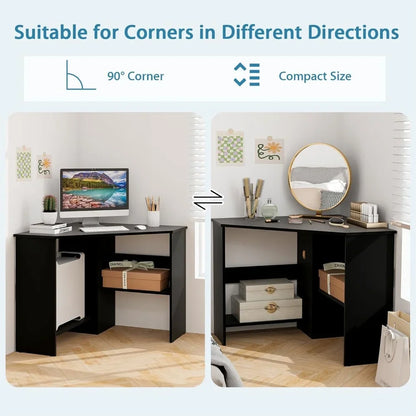 Corner Desk, 90 Degrees Triangle Computer Desk for Small Space, Space Saving Bedroom Corner Makeup Vanity Desk with Storage