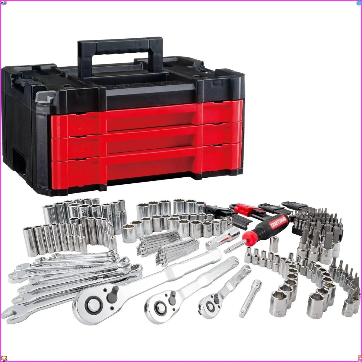 Complete 230-Pc Mechanic Tool Set with Case. Versatile Sockets for 1/4" to 1/2" Drive. Essential for Homeowners