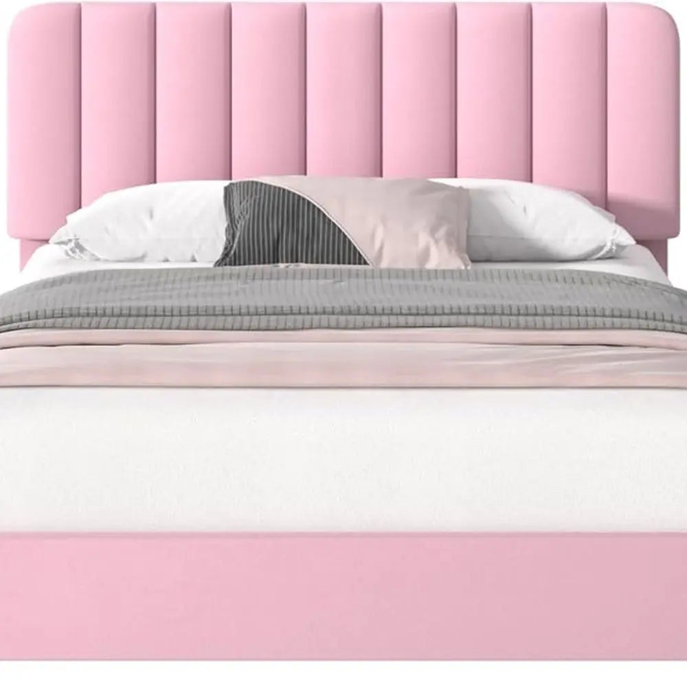 Pink Velvet Full-Size Platform Bed with 4 Drawers and Headboard, Wooden Slat Support, No Box Spring Needed