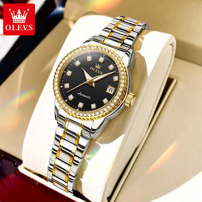 OLEVS Automatic Watch for Women Diamond Gold Luxury Stainless steel Elegant Original Women's Automatic Watch Necklace Gift Set