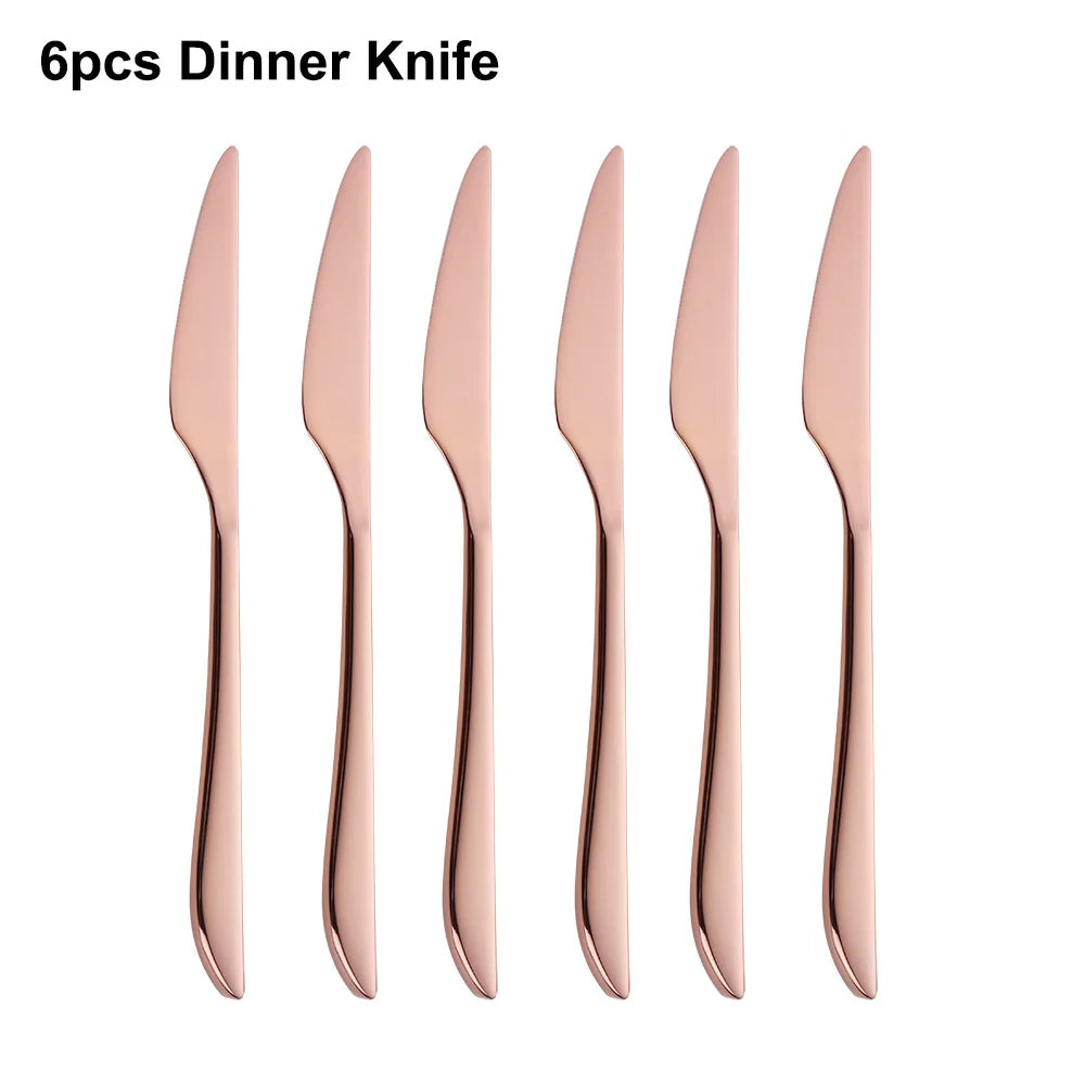 6Pcs Elegant Gold Flatware Set Stainless steel 304 Cutlery Mirror Silverware Rose Knife Fork High Polish Western Dinner Set