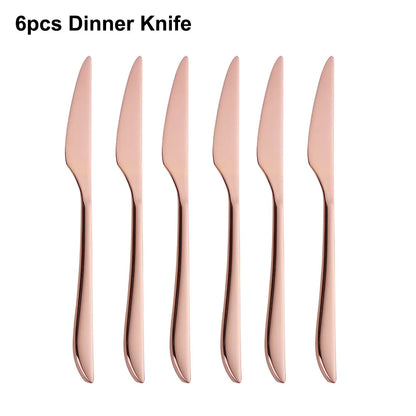 6Pcs Elegant Gold Flatware Set Stainless steel 304 Cutlery Mirror Silverware Rose Knife Fork High Polish Western Dinner Set