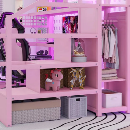 Full Size Loft Bed with LED Lights, Stairs, Desk & Storage for Adults Teens Kids Gaming Room Pink