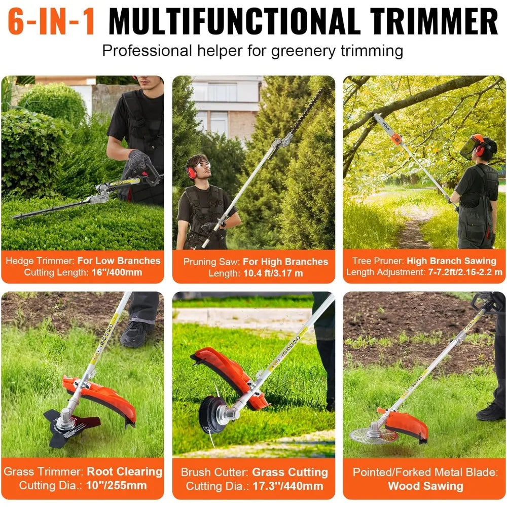 5-in-1 26cc 2 Cycle Gas Powered Dual Sided Hedge Trimmer, Weed Eater, String Trimmer, Edger, Pole Saw Chainsaw Pruner with EPA,
