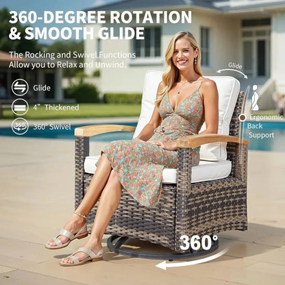 9 Pieces Outdoor Patio Furniture Sets,PE Wicker Patio Conversation Sets with 4 Wood Armrests Swivel Rocker Chairs，