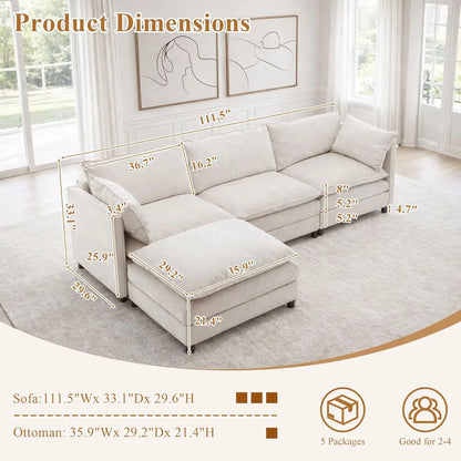 108" L Shaped Couch, Modular Sectional Sofa, Chenille Cloud Couch with Movable Ottoman, 3 Deep Seat Small Sectional, Customized