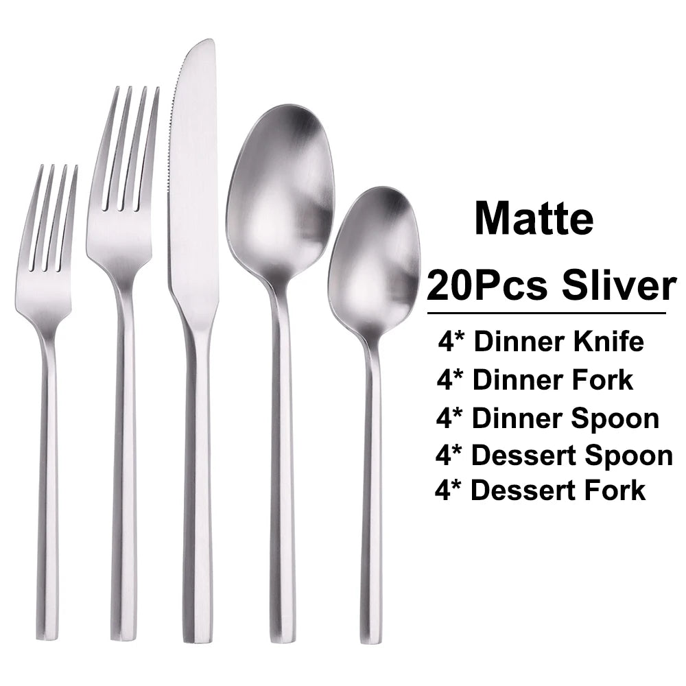6/16/20Pcs Stainless Steel 304 Cutlery Set Mirror Sliver Tableware Western Hexagonal Handle Dinner Set Matte Knife Fork Spoon