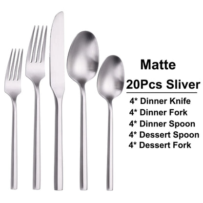 6/16/20Pcs Stainless Steel 304 Cutlery Set Mirror Sliver Tableware Western Hexagonal Handle Dinner Set Matte Knife Fork Spoon