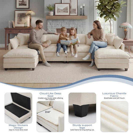 Redlife 113.4" Modular Sectional Sofa with Ottoman, Comfy Cloud Couch with Deep Seat (23.6" D), Solid Wood Frame,for Living Room