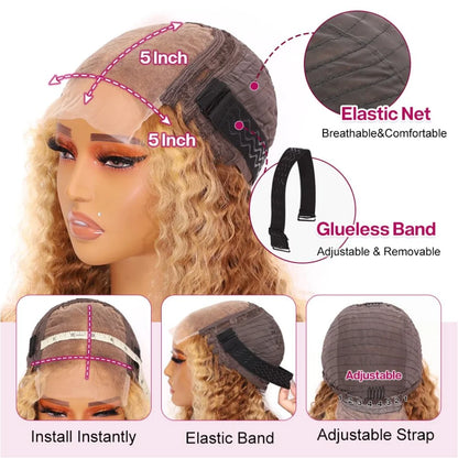 Highlight Ombre Bob Wig Human Hair 100% Curly Short Honey Blonde Colored Glueless Deep Wave Frontal Wig 5X5 Hd Lace Closure Wigs