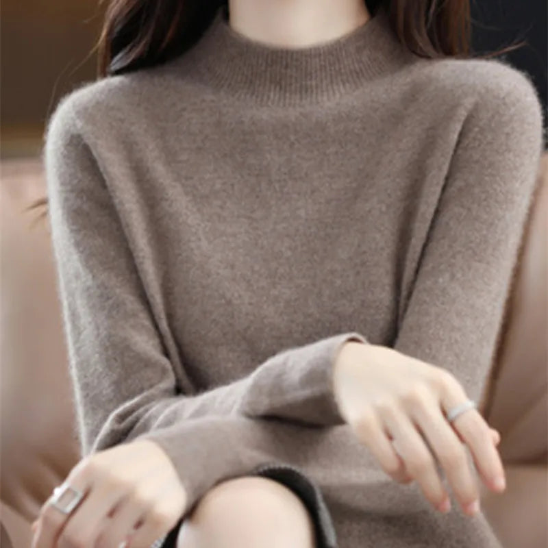 Half High Solid Color Cashmere Sweater For Women Loose Pullover Autumn and Winter Contracted Commuter Basic Knitwear Top Base