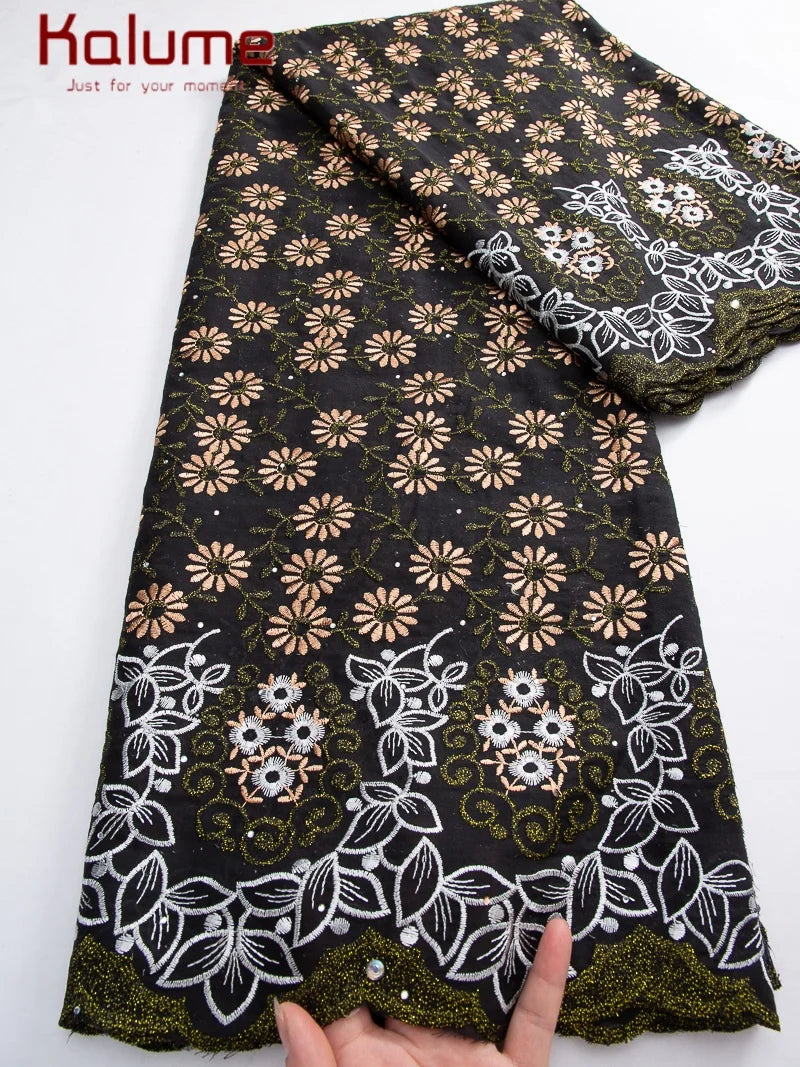 Kalume African Cotton Embroidered Lace Fabric With Stones 2025 Nigerian Swiss Voile Lace Fabric Flower For Sewing Dress F4325