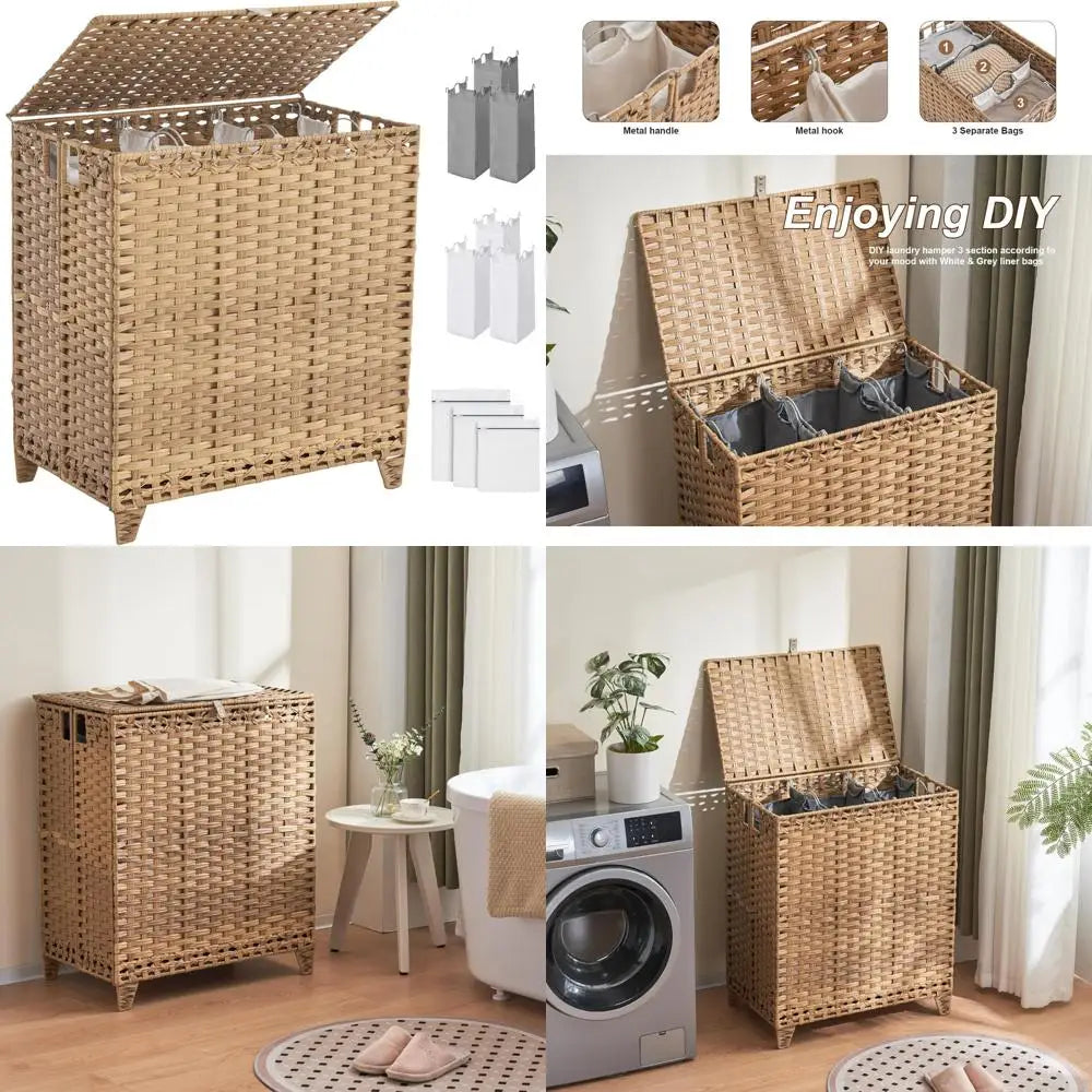Large 190L 3-Section Laundry Hamper with 6 Detachable Liner Bags and 3 Mesh Bags, Handwoven Rattan Design