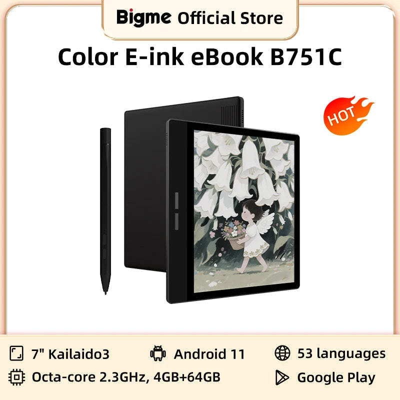 BIGME B751C electronic book, 7'' Color E-ink eReader Book, Android 11 OS Open System, Google Play, 4+64GB, Portable eBook Tablet