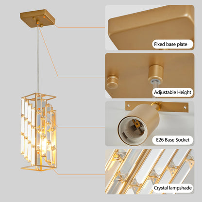 Modern Crystal Pendant Light - 3 Pack, Adjustable Hanging Ceiling Lamp with Crystal Prism Design -Golden Finish