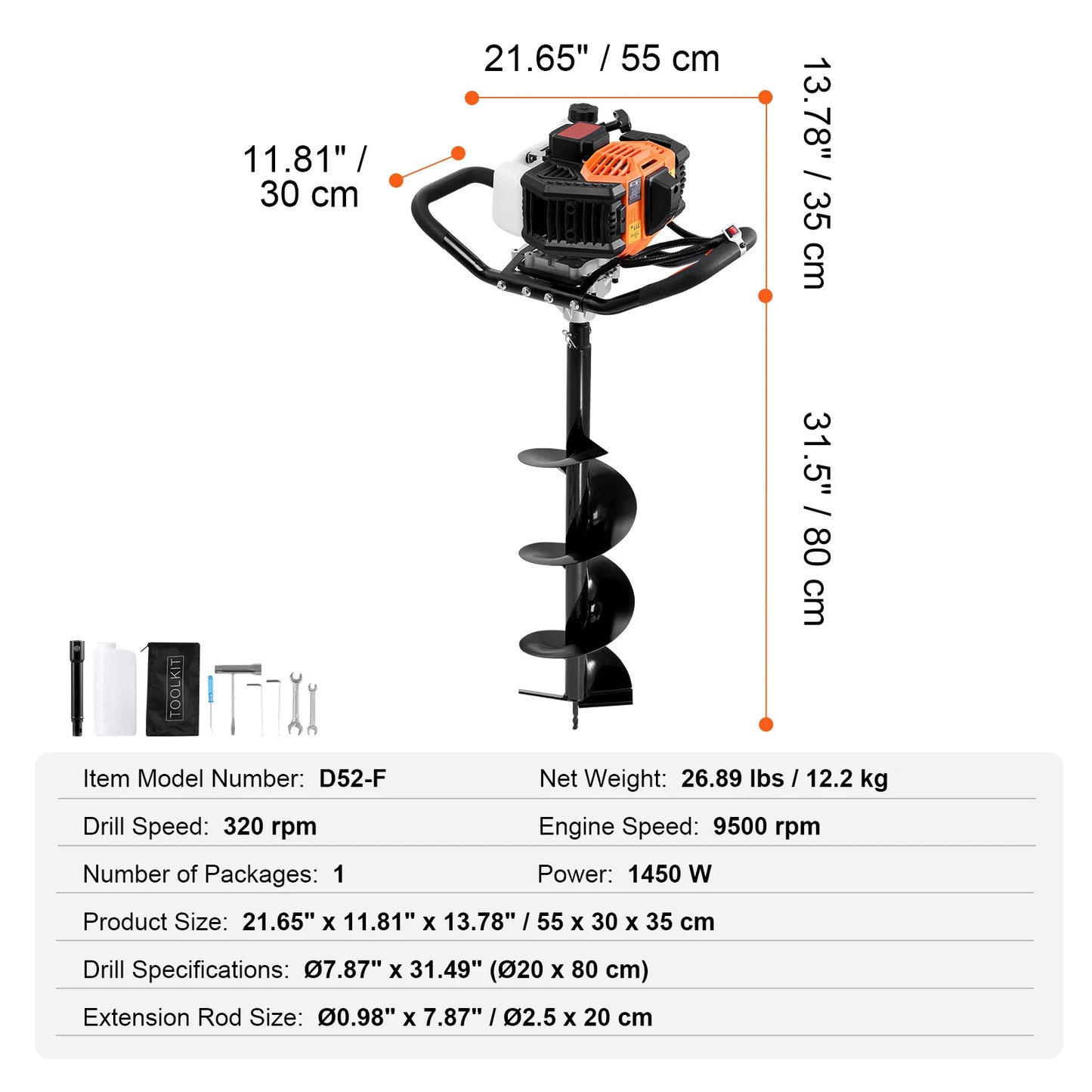 SucceBuy Post Hole Digger Gas Powered 63CC 2400W Auger Gas Auger with 8” Auger Drill Action Post Fence Hole Digger for Farmland