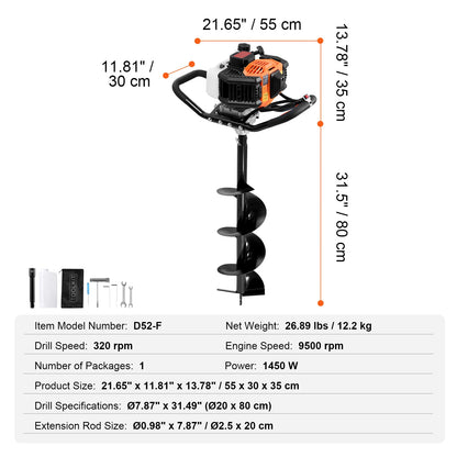 SucceBuy Post Hole Digger Gas Powered 63CC 2400W Auger Gas Auger with 8” Auger Drill Action Post Fence Hole Digger for Farmland