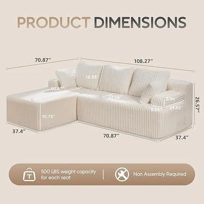 Modular Sectional Sofa Couches 108" L-Shape Couch 3 Seat Modular Sofa Memory Foam Sectional Couches for Living Room