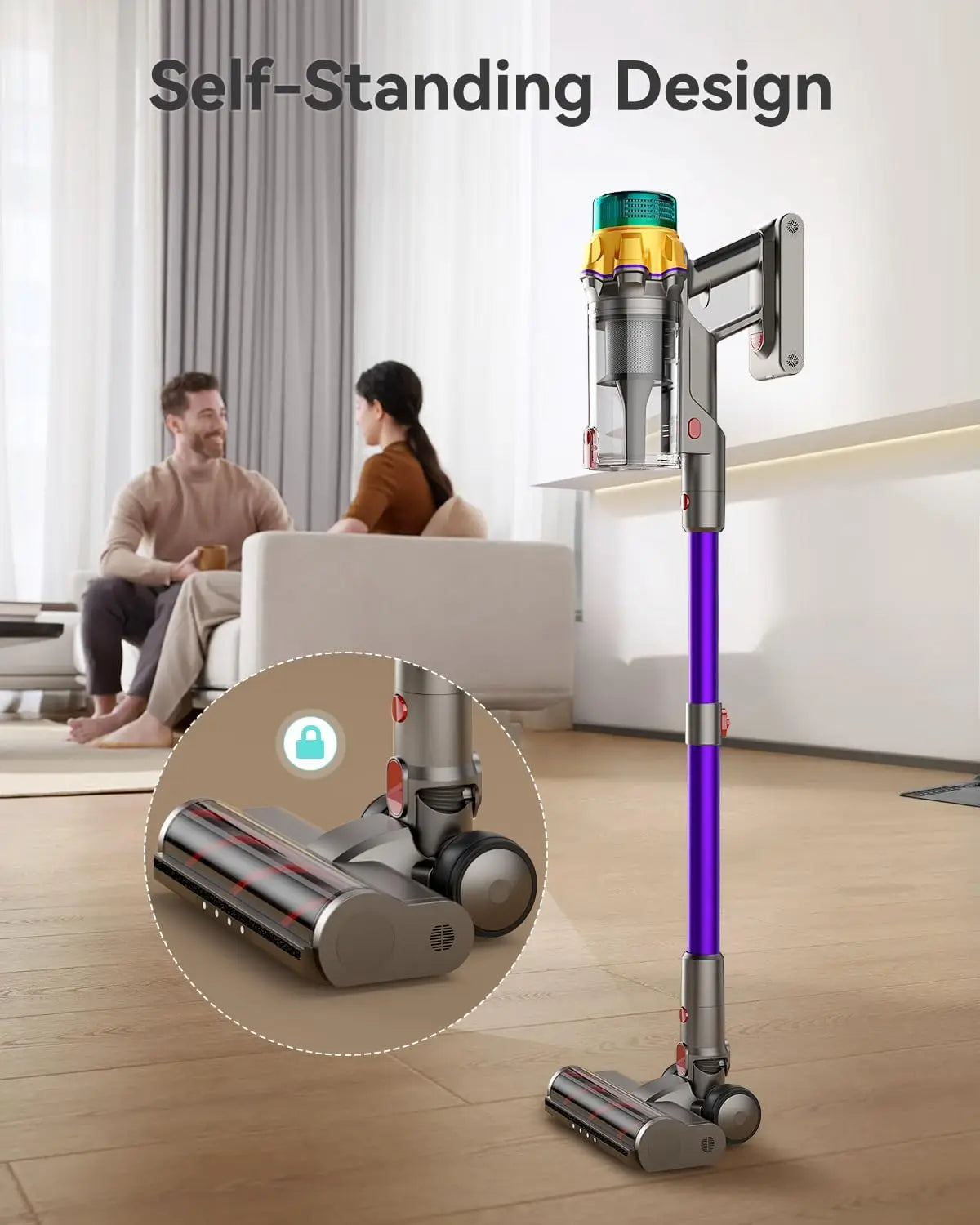 Cordless Vacuum Cleaner 50KPA, 65Min Runtime, XL Dust Cup, Anti-Tangle Brush, LED Display, Self-Standing, for Hardwood, Carpet,
