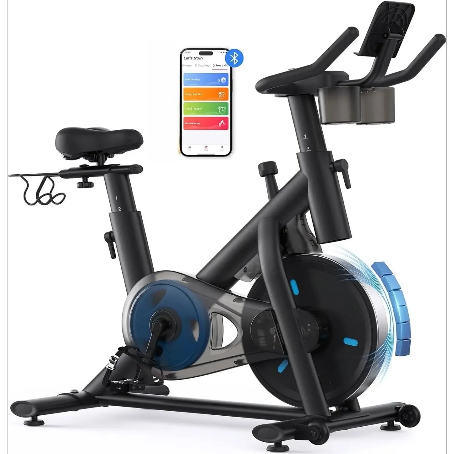Exercise Bike, Brake Pad Stationary Bike with Exclusive App, Low Noise Indoor Cycling Bike with 300lbs Weight Capacity