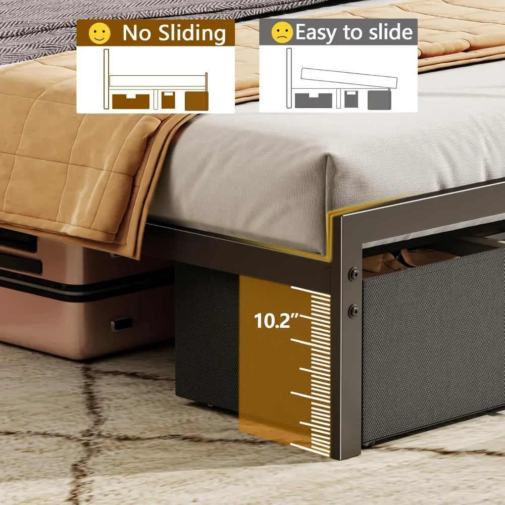 Bed Frame with Headboard Storage, Platform Bed Frame with 2 Drawers, Charging Station and LED Lights, No Box Spring Needed