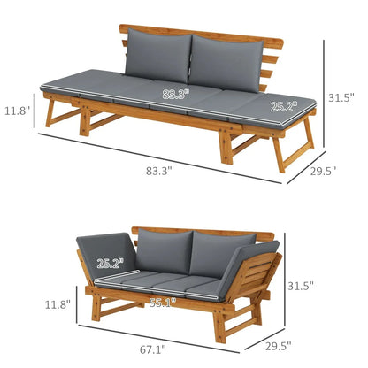 Wooden Garden Bench for Outdoor W/ Cushions, Patio Loveseat, Gray