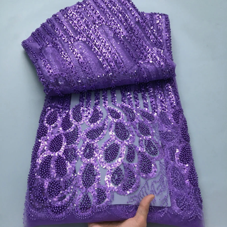 African Beads Lace Fabric 2025 High Quality 5 Yards Nigerian Sequins Beads Lace Fabric French Laces Fabrics For Party Dress Sew
