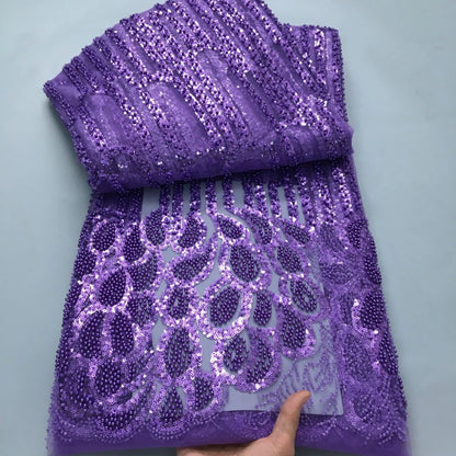 African Beads Lace Fabric 2025 High Quality 5 Yards Nigerian Sequins Beads Lace Fabric French Laces Fabrics For Party Dress Sew
