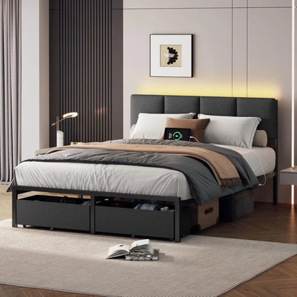 Bed Frame with Headboard, Upholstered  Bed Frame with LED Light, USB Charging Station, Platform, Customized