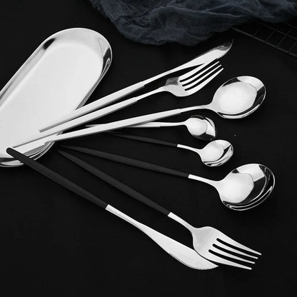 15-20Pcs Korean Dinnerware Set Black Silver Cutlery Set Chopsticks Knife Fork Spoon Stainless Steel Luxury Tableware Set
