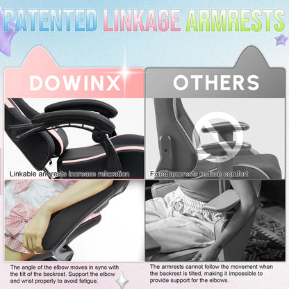 Dowinx Gaming Chair Cute with Cat Ears and Massage Lumbar Support, Ergonomic Computer Chair for Girl with Footrest and Headrest