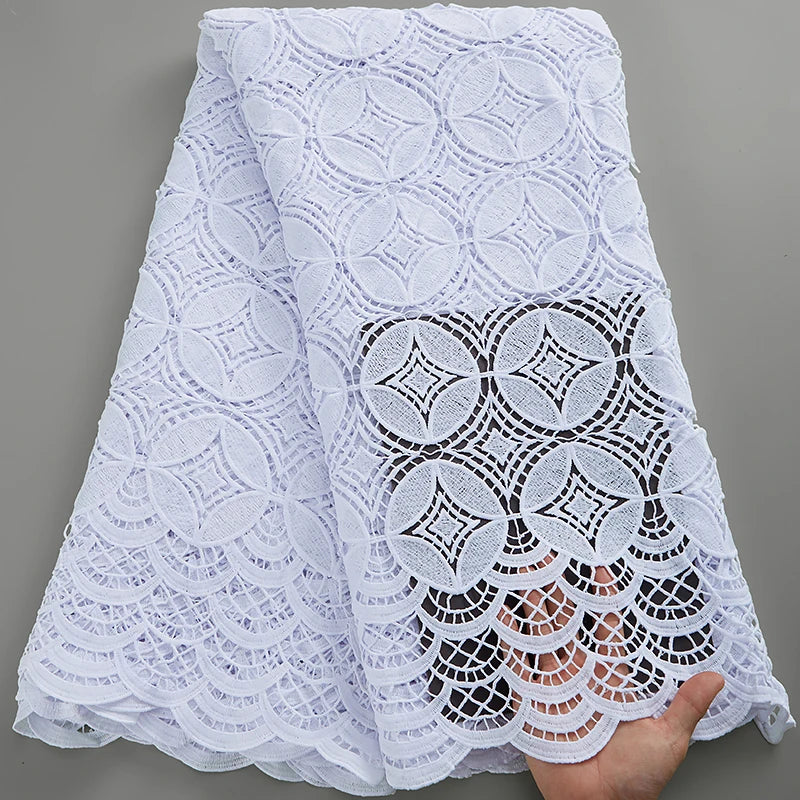 SJD LACE African Sequins Guipure Cord Lace Fabrics 5 Yards White 2025 New Nigerian Water Soluble Lace For Women Dresses Sew 4197