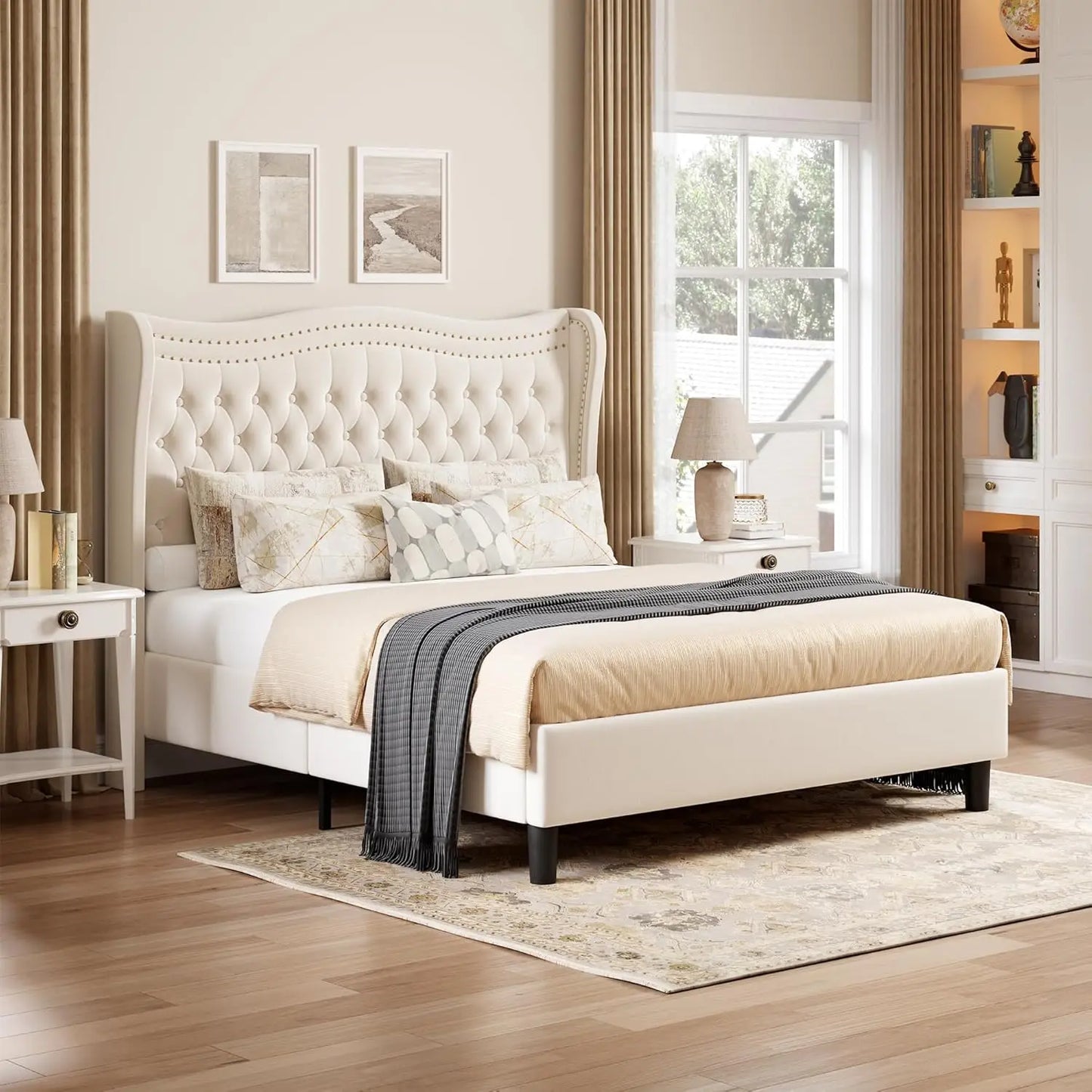 Full Bed Frame with Tall Headboard & Footboard,Velvet Upholstered Platform Bed Frame with Deep Button Tufted Wingback,Customized