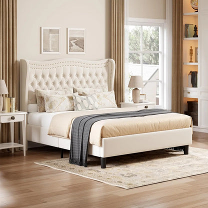 Full Bed Frame with Tall Headboard & Footboard,Velvet Upholstered Platform Bed Frame with Deep Button Tufted Wingback,Customized
