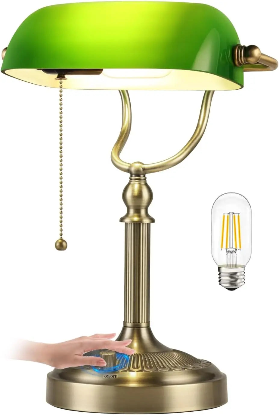 Green Glass Bankers Desk Lamp, Stepless Dimmable Table Lamp Plug in Fixture for Study, Office, LED Bulb Included