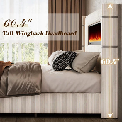 Modern Queen Size Bed Frame with Fireplace, Cream Wingback Platform Bed Frame with 60.4“ Extra Tall Headboard, Corduroy