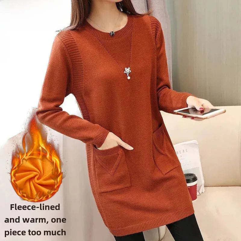 2024 New Style Korean Version Loose-Fit Medium-Length Knit Base Layer Top Women's Pullover Sweater Skirt Fleece-Lined Thickened