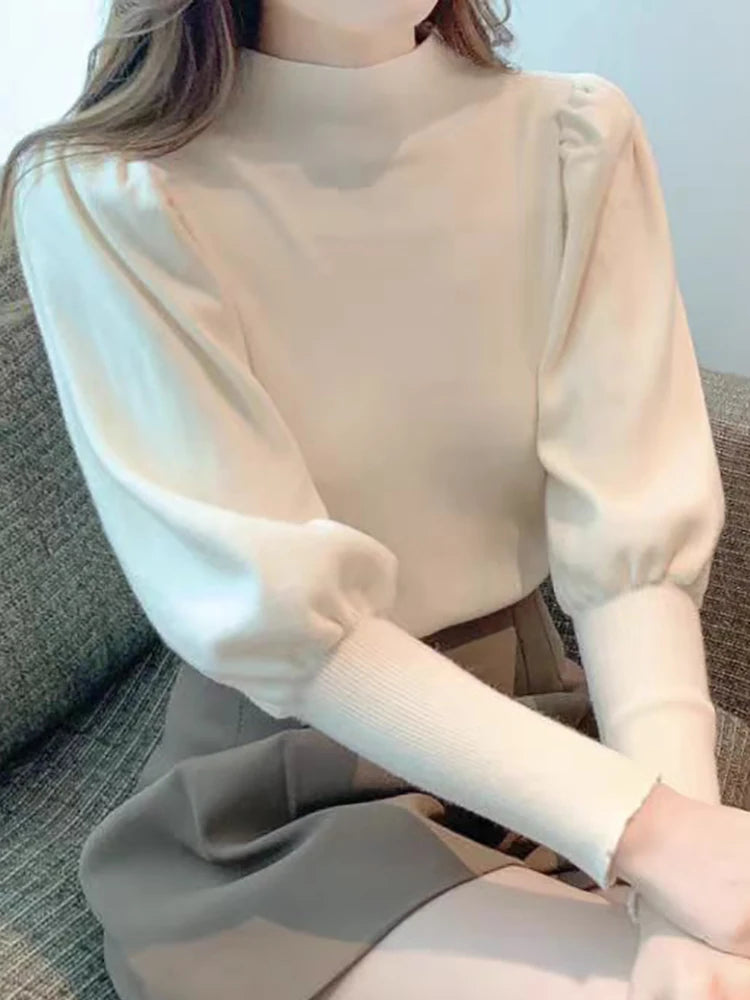 Autumn Winter Sweater Turtleneck Slim Fit Basic Pullovers Fashion Korean Knit Tops Puff Sleeve Womens Sweater Stretch Jumpers