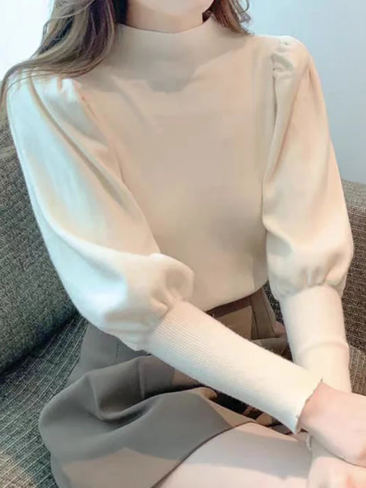 Autumn Winter Sweater Turtleneck Slim Fit Basic Pullovers Fashion Korean Knit Tops Puff Sleeve Womens Sweater Stretch Jumpers