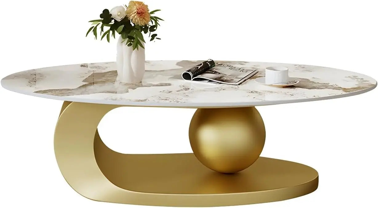 Modern Stone Coffee Table with Abstract Metal Base Living Room Table Center Table for Home Furniture-White 39" Lx 20" W x 17" H