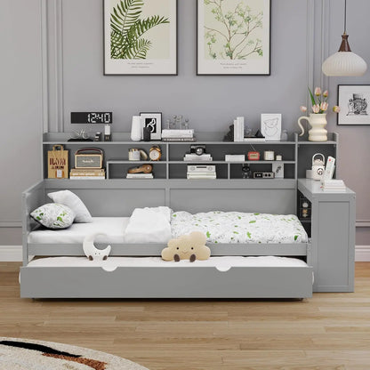 Twin Size Daybed with Trundle, Side Bookcase and Desk, Pine Wood Captains Bed with Storage Shelves Headboard , Customized