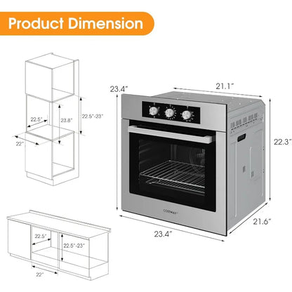 COSTWAY 24" Single Wall Oven, Electric Built-in Wall Oven with 2.47 Cu.  Ft. Capacity, 5 Cooking Functions, 360° Rotisserie