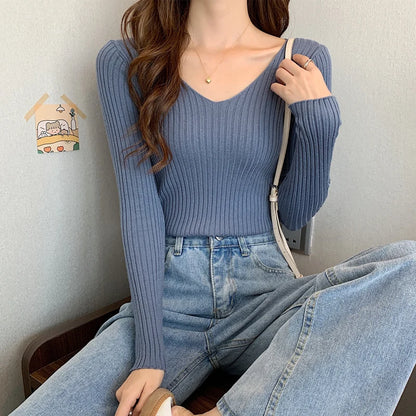 2025 Korean Autumn Winter V Neck Sweater Fashion Casual Long Sleeve Knitted Sweaters Solid Color Slim Pullovers Women Clothes