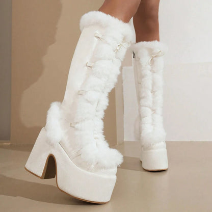 Warm Faux Fur Knee High Snow Boots For Women Punk Goth Platform Chunky High Heel Side Zipper Walking Winter Boots