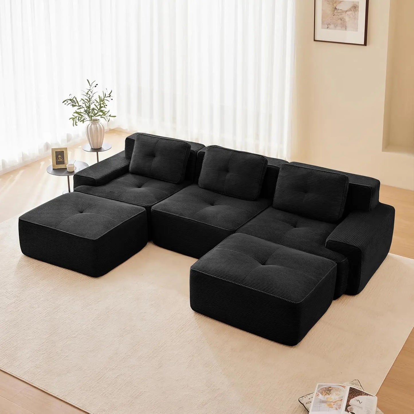116" Modern Corduroy Cloud Sofa with Ottoman, U Shaped Boneless Modular Large Sectional Couches for Living Room, Green 3 Seater