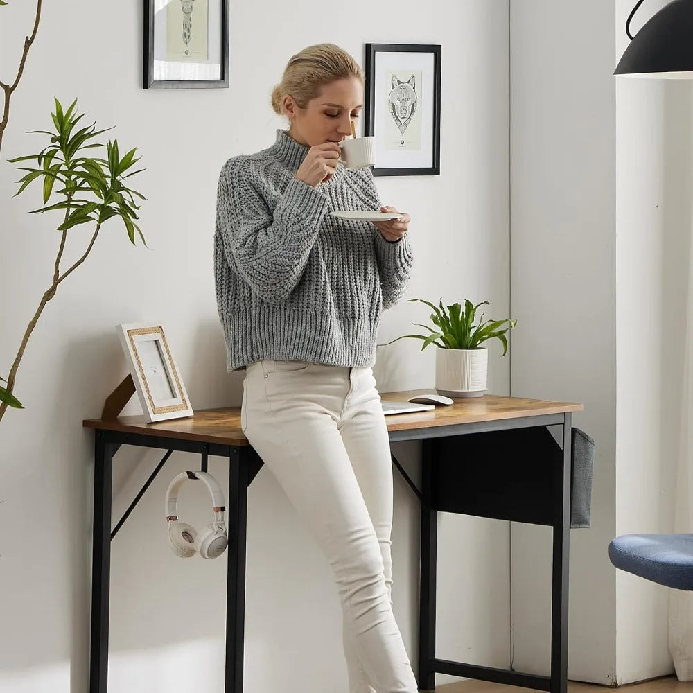 Computer Office Desk, 48 Inch Writing Work Study PC Wood Modern Desk with Storage Bag & Headphone Hook Simple Bedroom for 2 Per