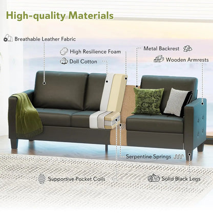 73” Black Faux Leather Sofa Couch, Modern Comfy Office 3 Seater Couch Loveseat with Tufted Armrest and USB, Customized
