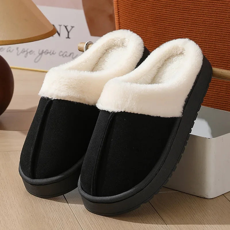 Crestar Women Plush House Slippers Fashion Faux Fur Collar Non-slip Platform Fuzzy Slides Winter Indoor Warm Fluffy Cotton Shoes